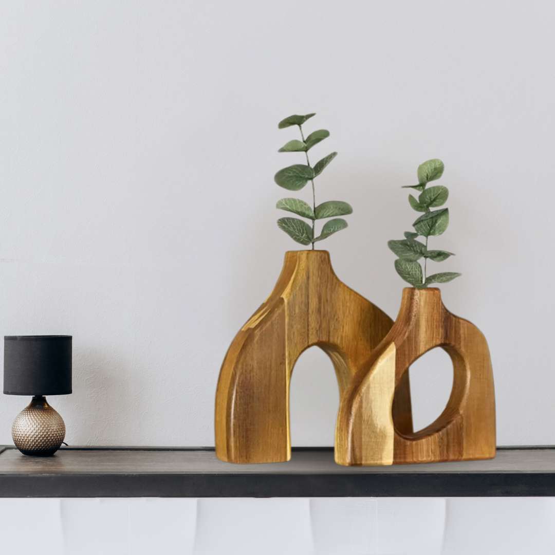 Wooden Vase Set – Handcrafted Acacia Wood, Decorative, Nordic Style, Ideal for Flowers & Plants