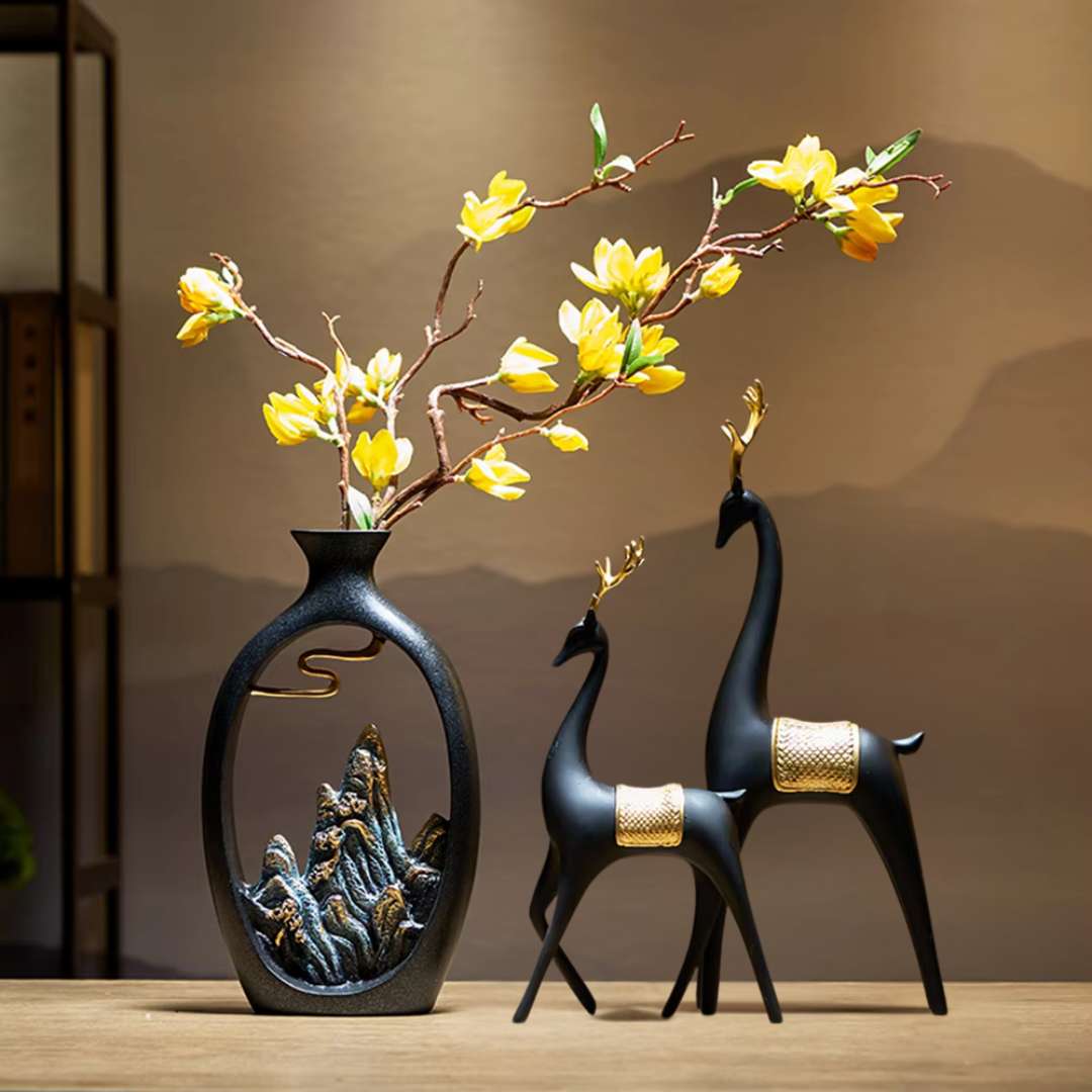 Black Vase – Contemporary Ceramic Vase for Floral Arrangements, Pampas Grass, and Stylish Table or Shelf Decor
