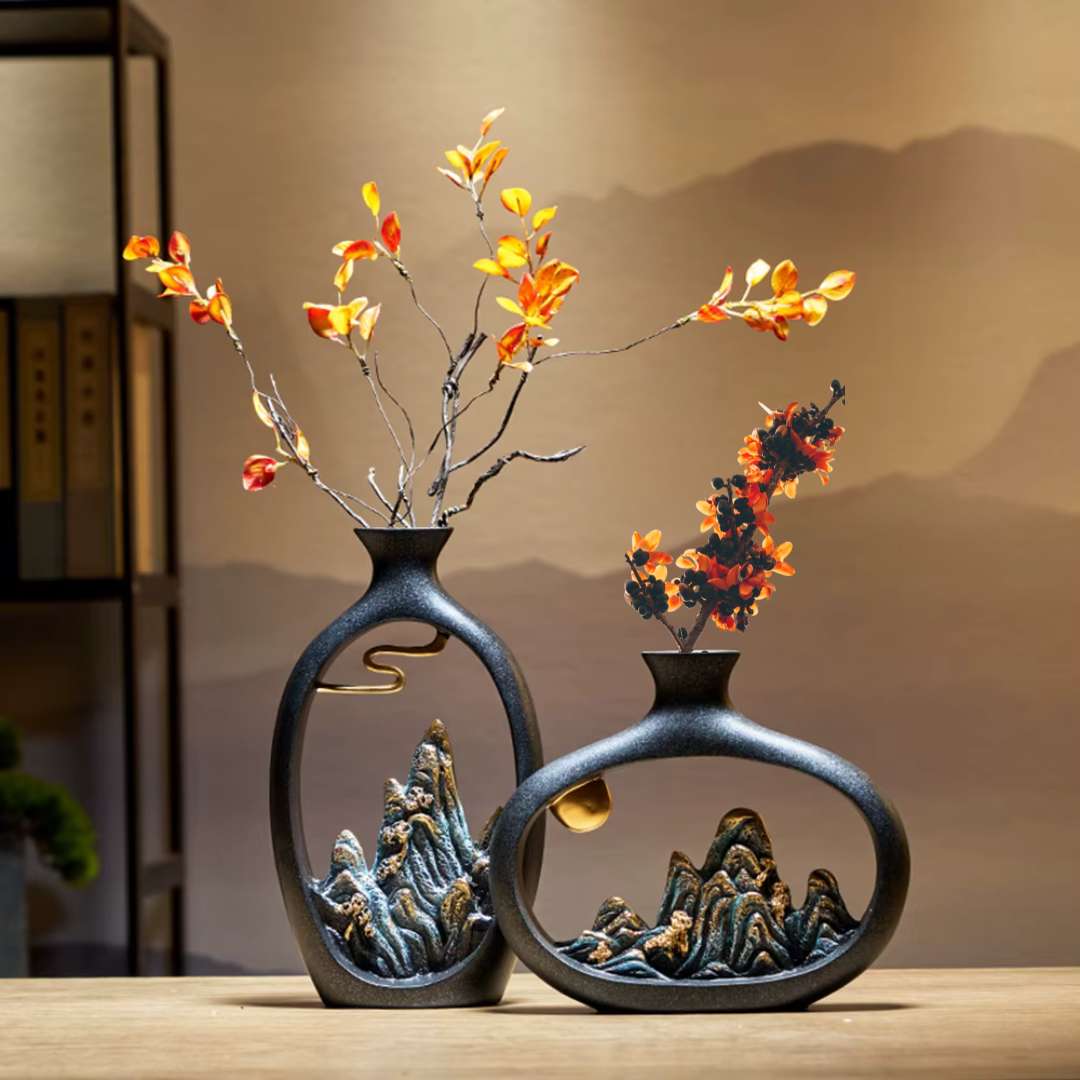 Black Vase – Contemporary Ceramic Vase for Floral Arrangements, Pampas Grass, and Stylish Table or Shelf Decor