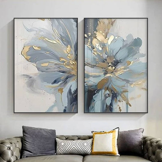 Blue Floral Wall Art | Textured Oil Painting, 2-Piece Canvas, Frameless