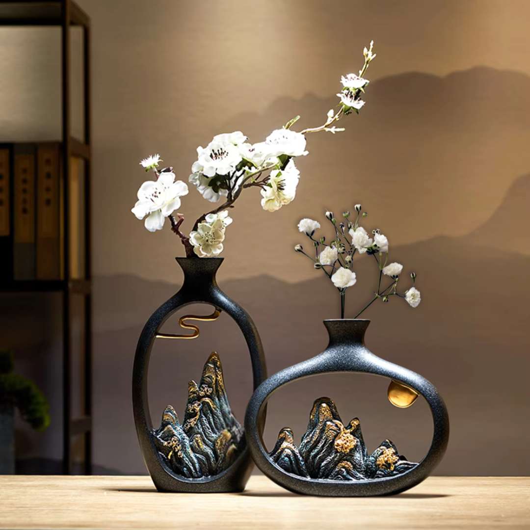 Black Vase – Contemporary Ceramic Vase for Floral Arrangements, Pampas Grass, and Stylish Table or Shelf Decor