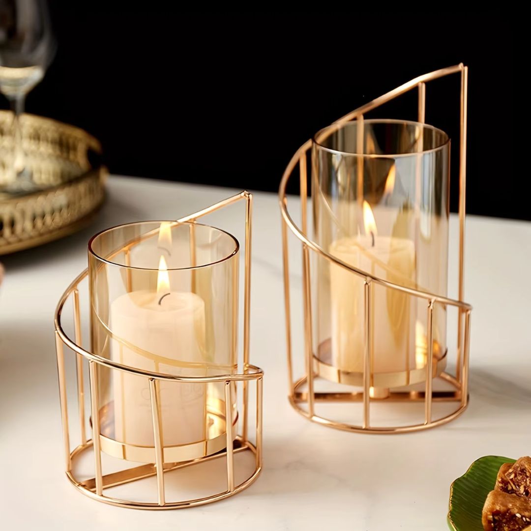 Hurricane Candle Holder - Vintage Gold Spiral Design with Glass Windshield for Rustic and Modern Table Decor