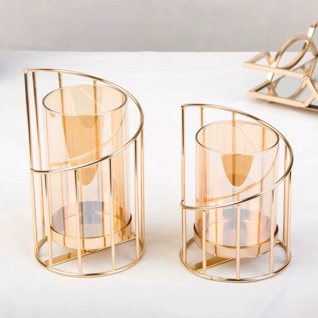 Hurricane Candle Holder - Vintage Gold Spiral Design with Glass Windshield for Rustic and Modern Table Decor