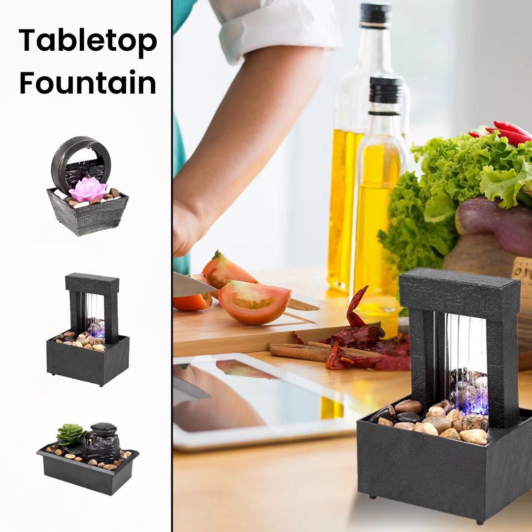 Small Water Fountain – Mini Indoor Fountain for Desk with LED Lights, Battery Operated & Relaxing Water Feature