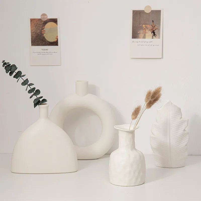 White Vase – Plastic with Ceramic Like Appearance for Indoor Flowers, Modern Centerpiece, and Minimalist Decor
