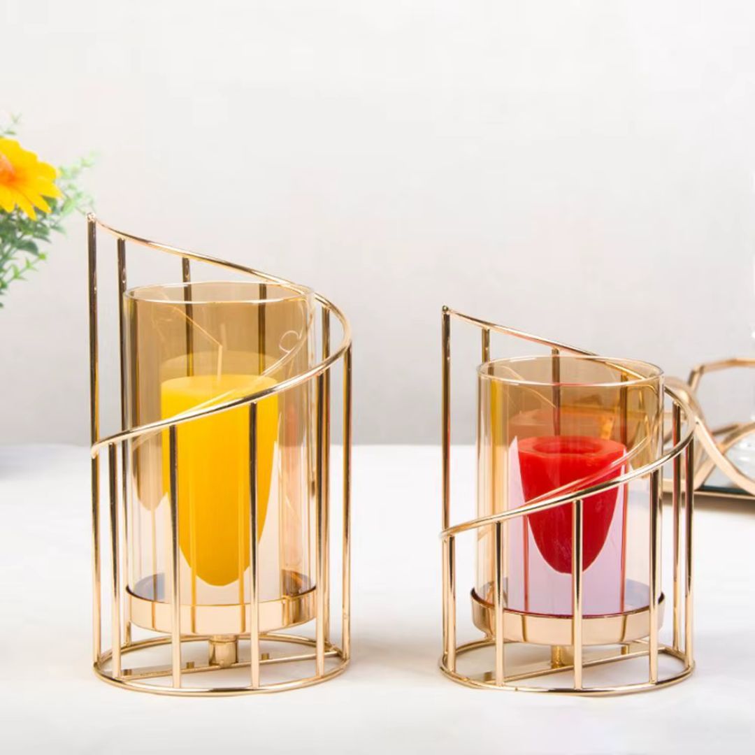 Hurricane Candle Holder - Vintage Gold Spiral Design with Glass Windshield for Rustic and Modern Table Decor