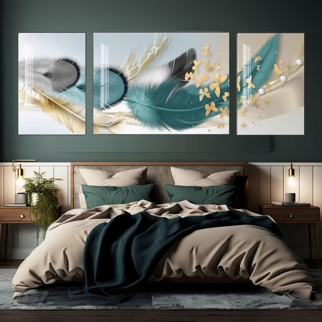 feather wall art triptych bedroom
