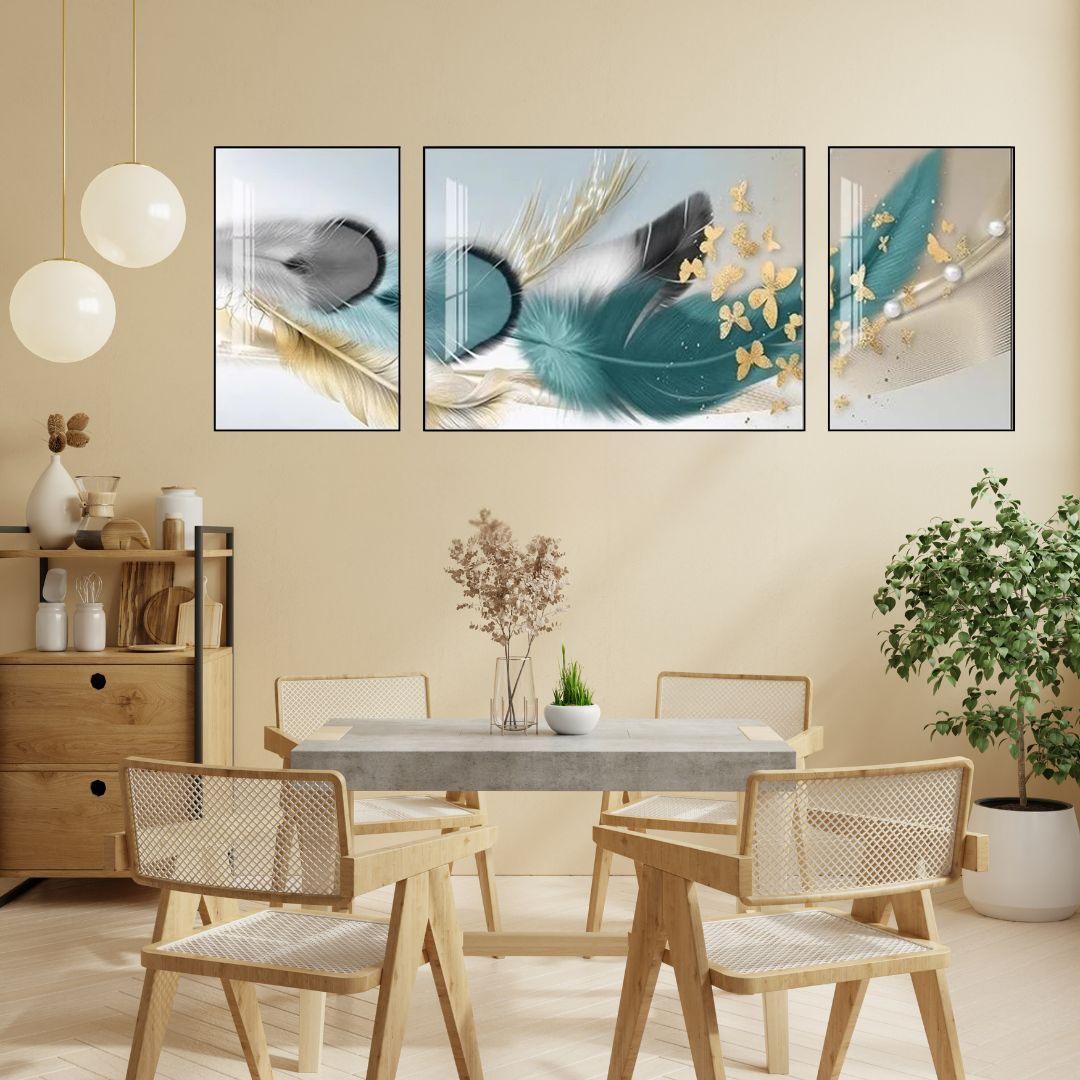 feather wall art triptych dining room