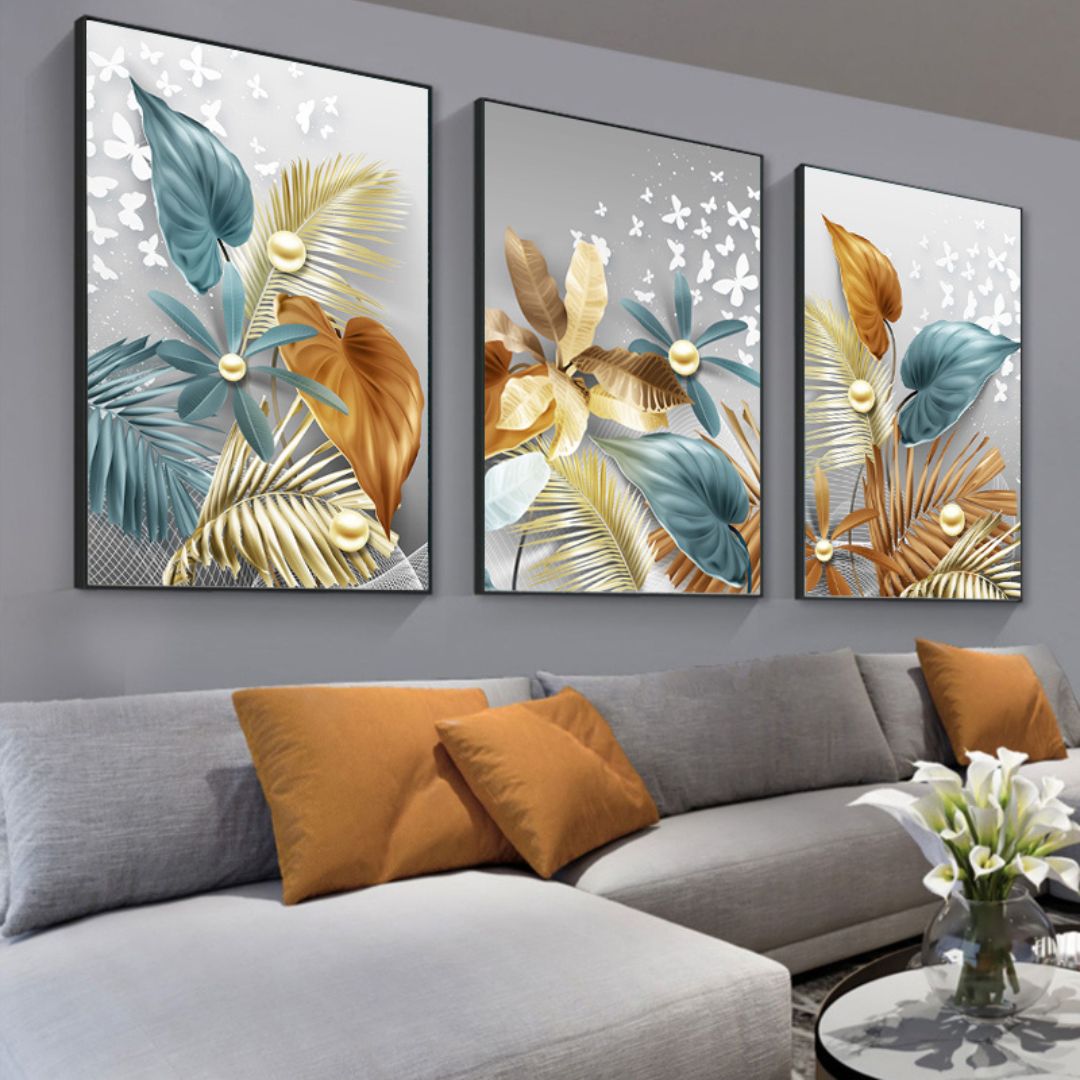 Leaves Wall Art - Vintage Leaf and Butterfly Design, Ideal for Living Room and Bedroom Decor