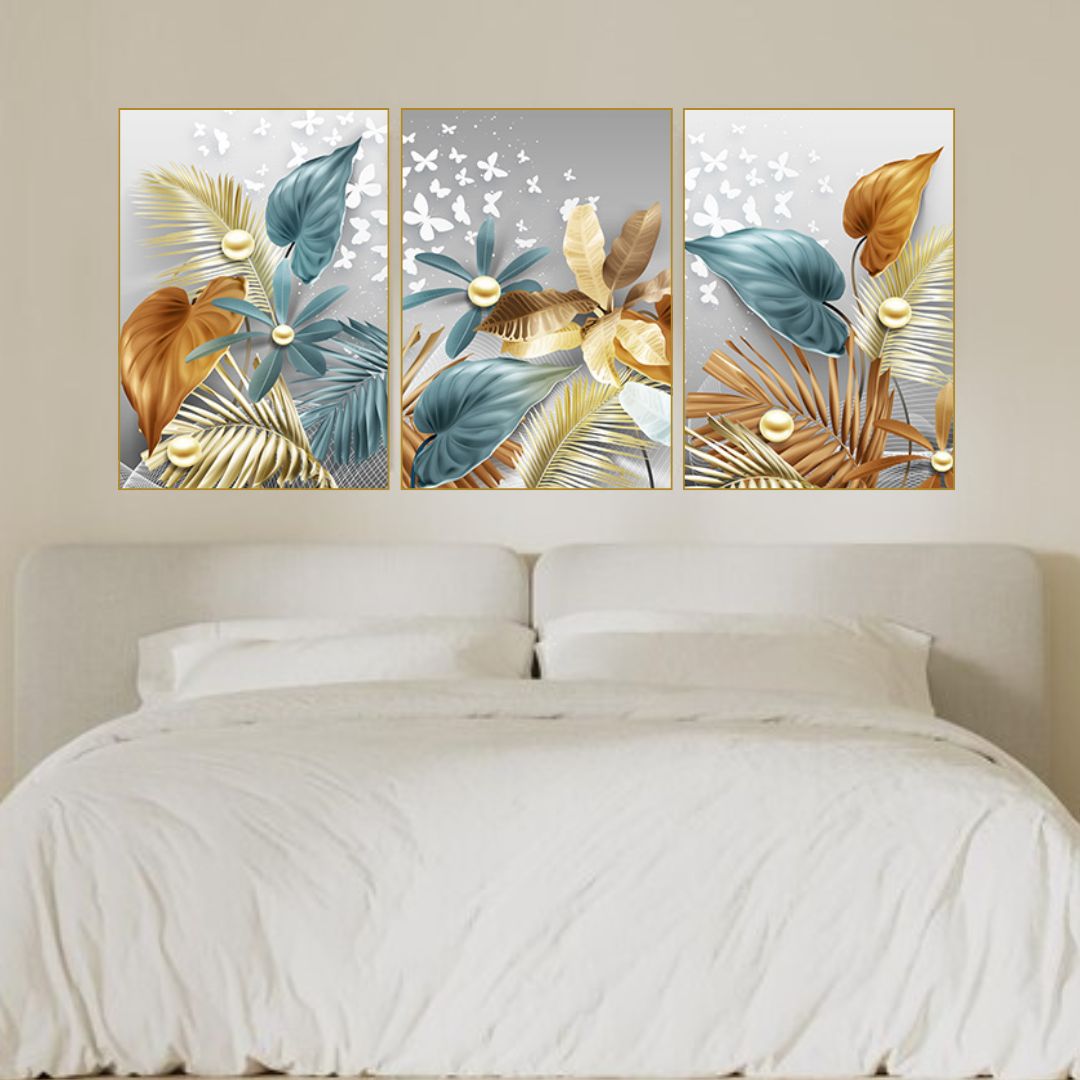 Leaves Wall Art - Vintage Leaf and Butterfly Design, Ideal for Living Room and Bedroom Decor