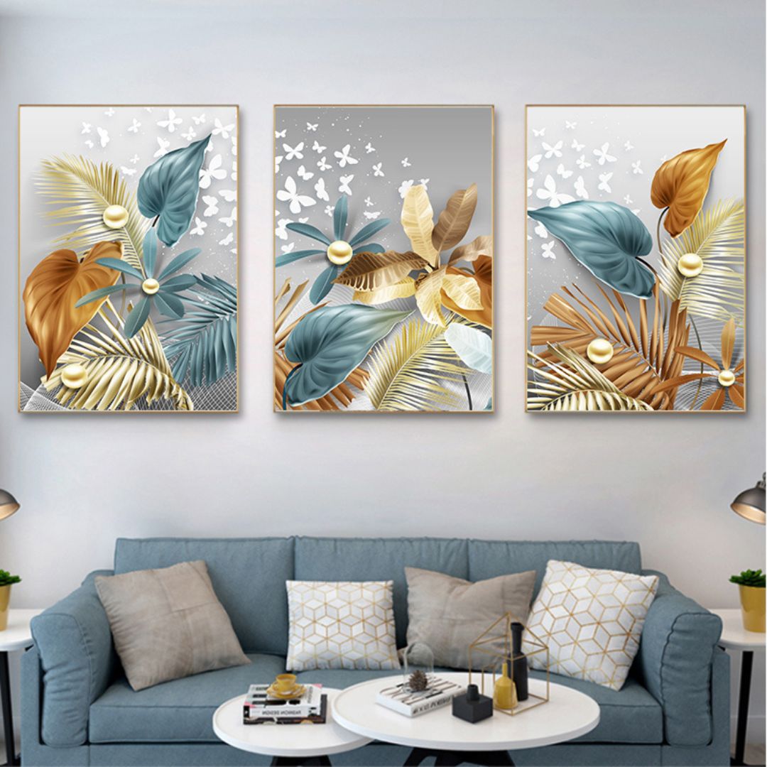Leaves Wall Art - Vintage Leaf and Butterfly Design, Ideal for Living Room and Bedroom Decor