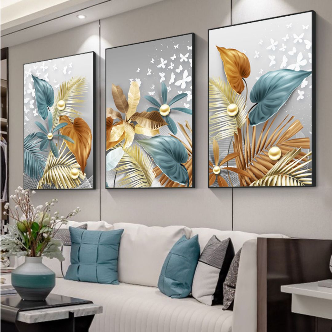 Leaves Wall Art - Vintage Leaf and Butterfly Design, Ideal for Living Room and Bedroom Decor