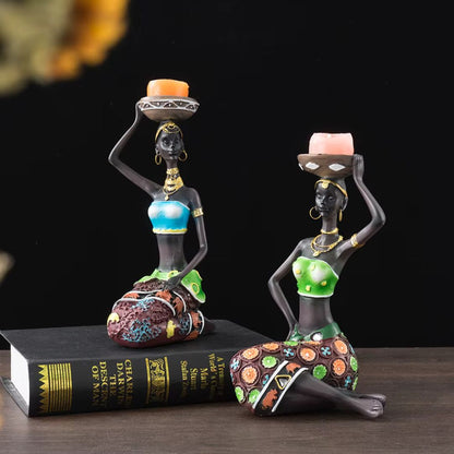 Tealight Holder - African Women Candle Holder, Vintage Statue, Decorative Table Centerpiece for Living Room and Office