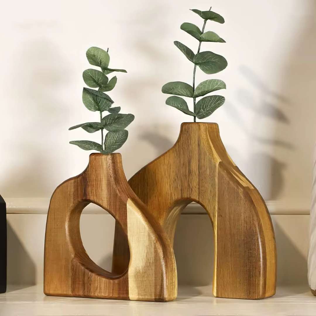 Wooden Vase Set – Handcrafted Acacia Wood, Decorative, Nordic Style, Ideal for Flowers & Plants