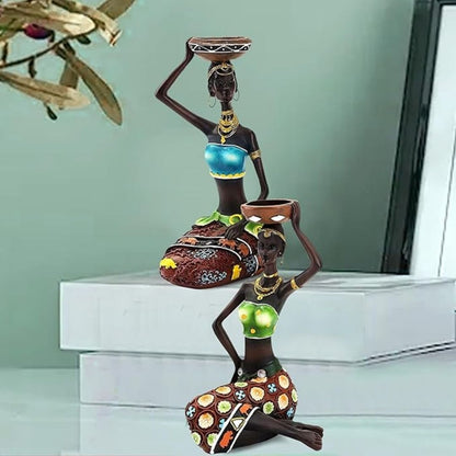 Tealight Holder - African Women Candle Holder, Vintage Statue, Decorative Table Centerpiece for Living Room and Office