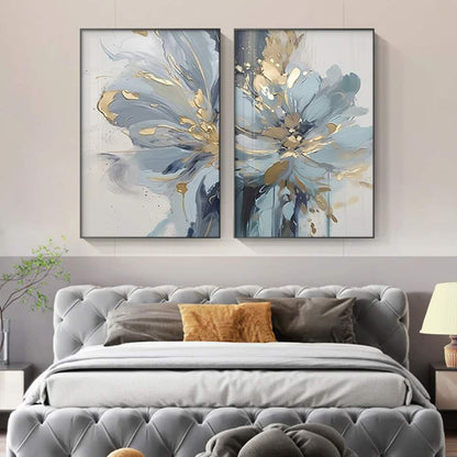 Blue Floral Wall Art | Textured Oil Painting, 2-Piece Canvas, Frameless