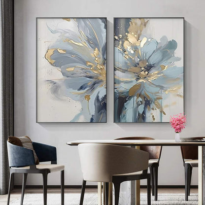 Blue Floral Wall Art | Textured Oil Painting, 2-Piece Canvas, Frameless
