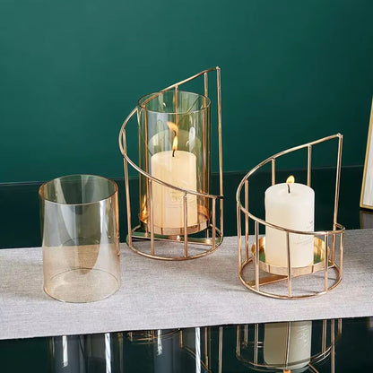 Hurricane Candle Holder - Vintage Gold Spiral Design with Glass Windshield for Rustic and Modern Table Decor