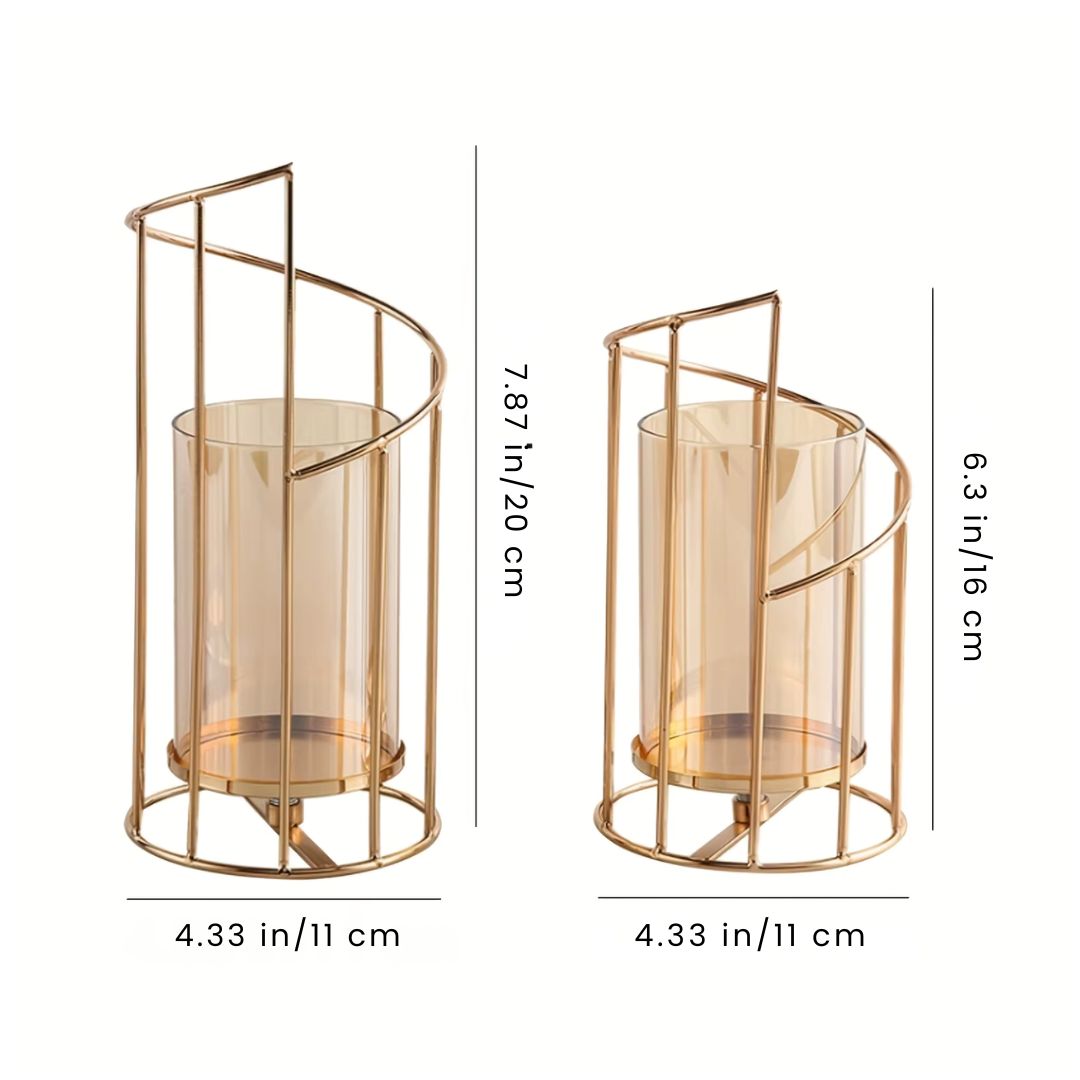 Hurricane Candle Holder - Vintage Gold Spiral Design with Glass Windshield for Rustic and Modern Table Decor