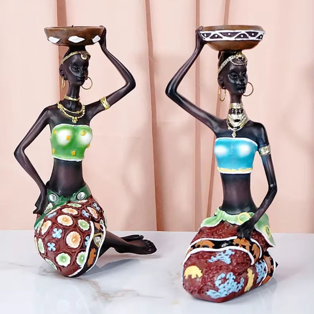 Tealight Holder - African Women Candle Holder, Vintage Statue, Decorative Table Centerpiece for Living Room and Office