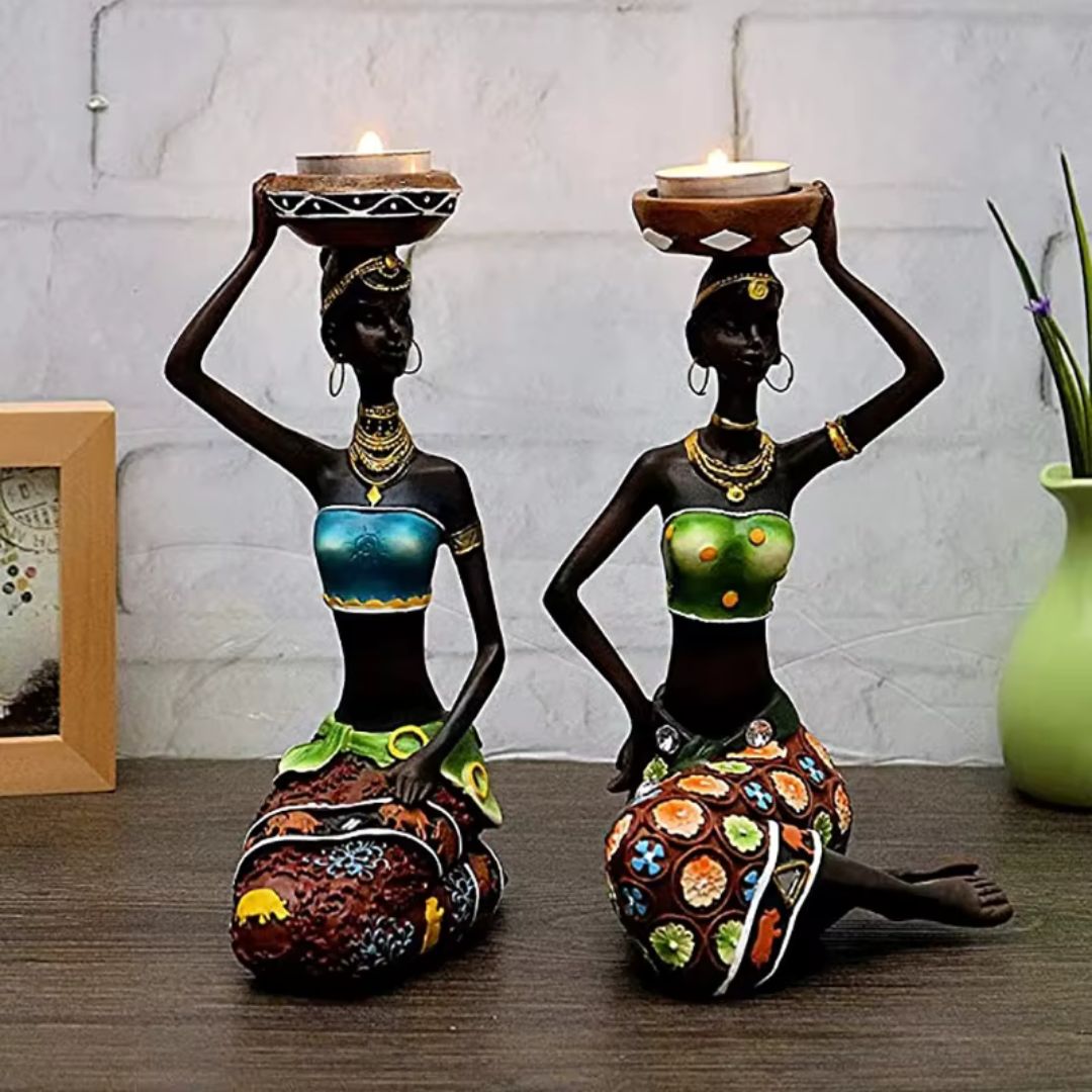 Tealight Holder - African Women Candle Holder, Vintage Statue, Decorative Table Centerpiece for Living Room and Office