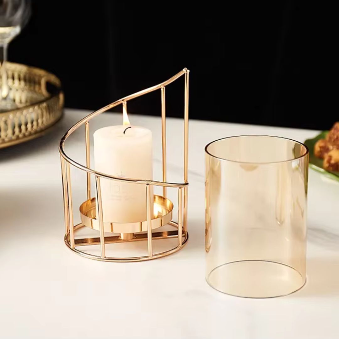 Hurricane Candle Holder - Vintage Gold Spiral Design with Glass Windshield for Rustic and Modern Table Decor