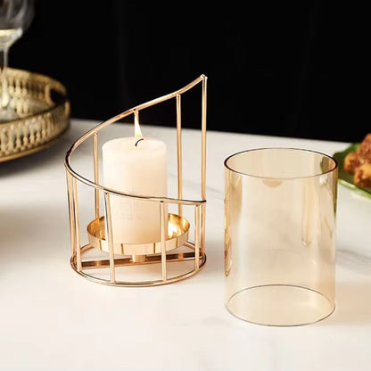 Hurricane Candle Holder - Vintage Gold Spiral Design with Glass Windshield for Rustic and Modern Table Decor